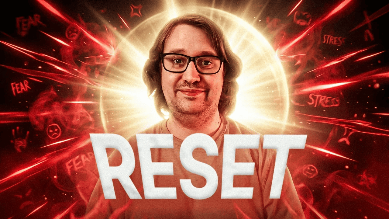 A person smiling surrounded by light with the words Reset at the bottom. Random negative words, and negative images surround the light.